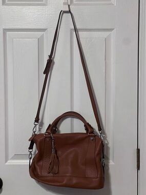 HESHE Cognac Brown Pebbled Satchel Crossbody Bag Tassel Handbag